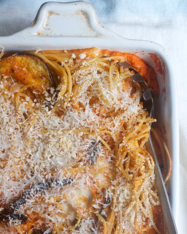 Baking Sheet Spaghetti with Roasted Garlic, Peppers & Eggplant | Big Girls Small Kitchen